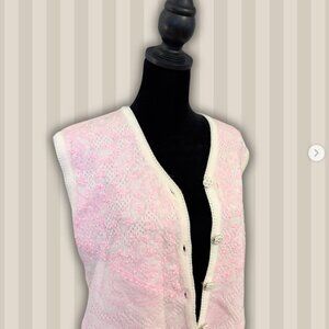 Vintage Pink & White Knit Vest with beaded details Small